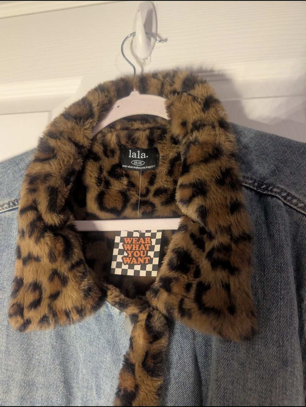 Dressed in LALA Light Blue Denim Jacket with Leopard Faux Fur Trim - Picture 2 of 4